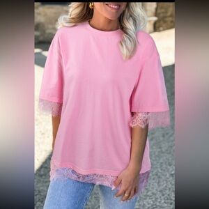 1146. Lace oversized short sleeve t-shirt pink